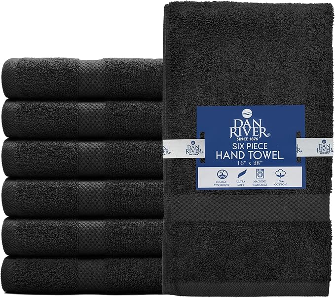 DAN RIVER 6-Pack Premium Hand Towels (16x28 Inches) - 100% Cotton, Ultra Soft, Lightweight, Highly Absorbent Towels for Bathroom, Spa, Gym, Salon, Hotel, and Travel - 550 GSM – Black