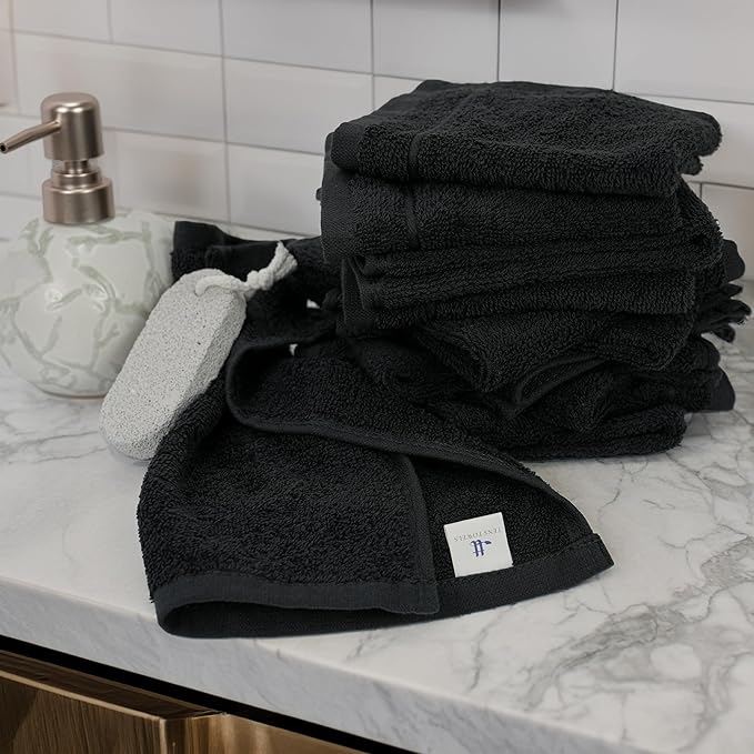 Tens Towels Pack of 24 Washcloths, 12 x 12 Inches, Lighter Weight, Quick to Dry, Super Soft & Absorbent, Gentle Face Towels, Hotel Quality, Perfect for Bathroom, Gym, Spa (Black, 24 Pack)