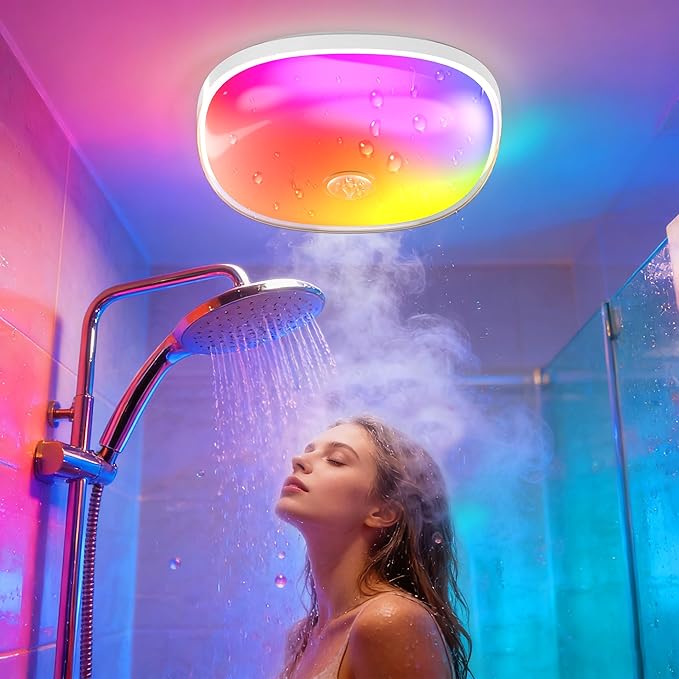 IP65 Waterproof Rechargeable Shower Light - 6″ 300LM Bright, 16 Colors Bathroom Mood Lighting with Touch & Remote, Magnetic Wireless Ceiling/Wall Light for Inside Shower/Bathtub