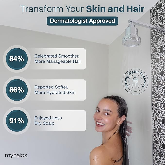 MyHalos® Filtered Shower Head for Hard Water Filter - High Pressure, Removes Chlorine - Shower Head Filter for Hard Water Softener Showerhead, Easy Install, For Hair & Skin, Filtering (Black)