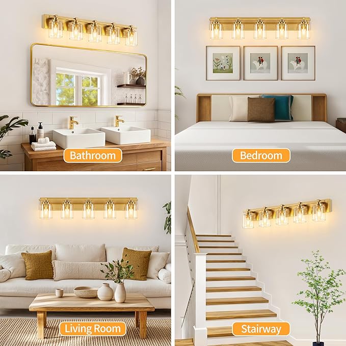 5 Light Modern Bathroom Light Fixtures Over Mirror, Brass Finish Vanity Lights for Bathroom Wall Sconces with Clear Glass Shades, E26 Socket (Bulbs Not Included)
