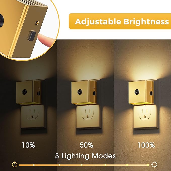L LOHAS LED Night Light,Plug in Night Light with Motion Sensor and Dusk to Dawn Sensor, Brightness Adjustable,3000K Soft White, Gold Nightlight for Bathroom Hallway Kitchen