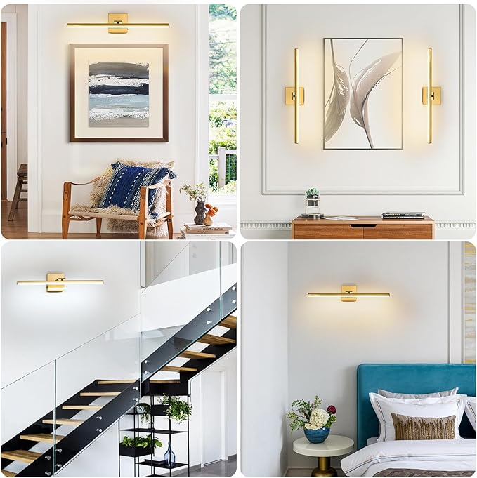 24 Inch LED Bathroom Vanity Light (3000K/4000K/6000K, Dimmable), Brass Modern Bathroom Light Fixture Over Mirror, Vanity Light Bar with Angle Adjustable