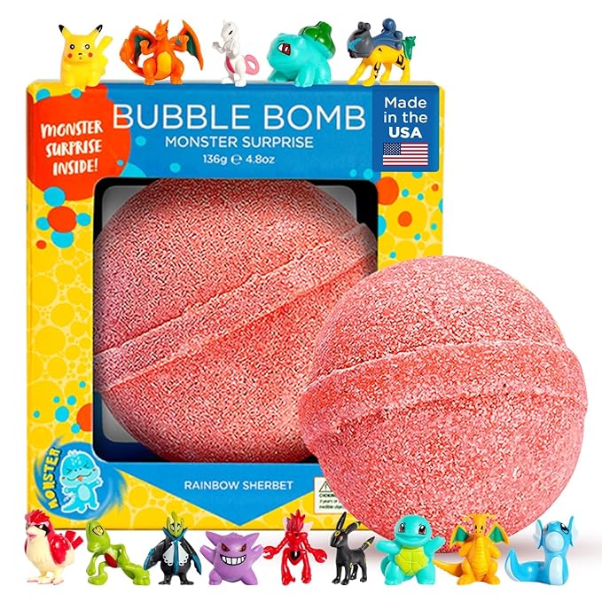 Poke Monster Bath Bomb for Kids with Surprise Toys Inside (Gift Set) - Large Bubble Bath Bombs for Boys & Girls - Skin-Safe, Made in USA, Birthday Gift & Stocking Stuffers for Kids by Two Sisters