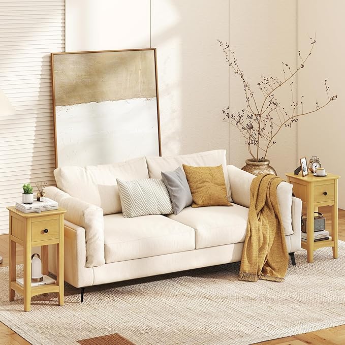 Giantex Narrow End Tables with Drawer Set of 2, 23.5" H Side Table w/Open Storage Shelf & Solid Wood Frame, Small Night Stands for Dorm Living Room, Bedroom, Small Spaces, No Assembly Needed, Natural