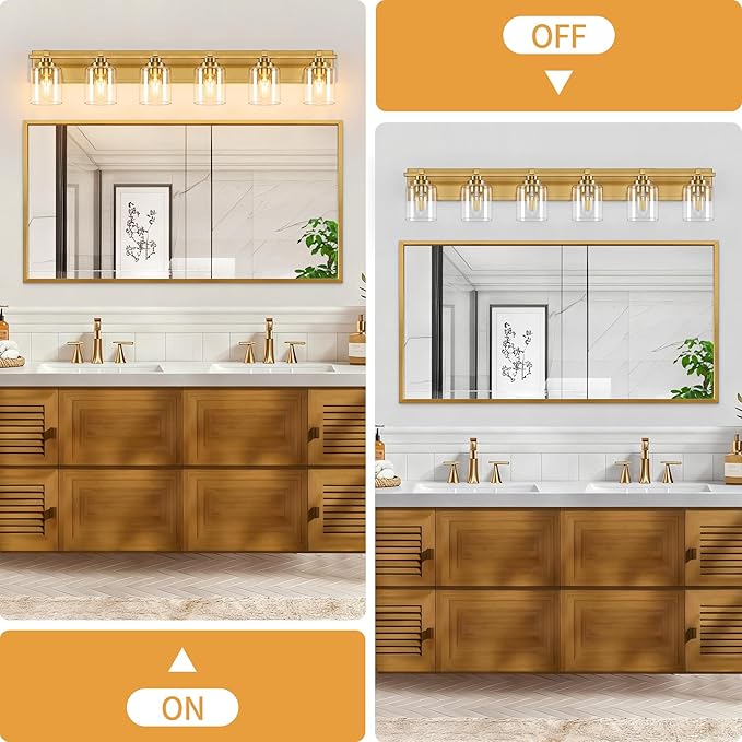 6 Light Modern Bathroom Light Fixtures Over Mirror, Brass Finish Vanity Lights for Bathroom Wall Sconces with Clear Glass Shades, E26 Socket (Bulbs Not Included)