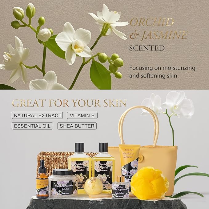 christmas gift bath basket, Bath and Body Gift Basket Orchid & Jasmine Spa Gift Baskets for Women Fragrant Body Lotions, Christmas Gifts for Women, Home Spa Gift Basket, Bath Kit Cosmetic bag Sets