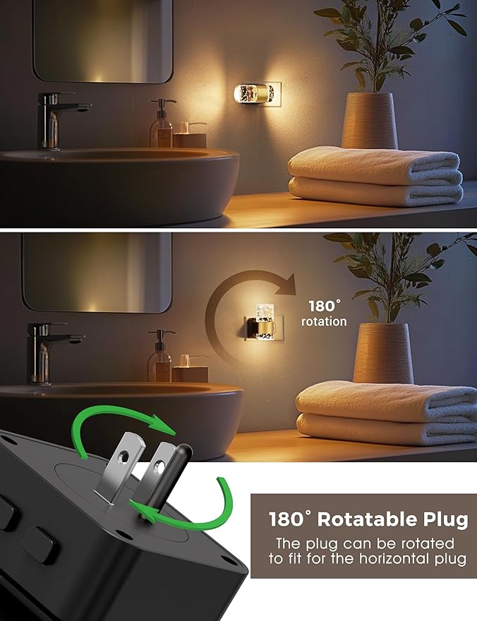 Night Lights Plug into Wall, Color Changing Night Light with Rotatable Plug, Dusk to Dawn Light Sensor and Adjustable Brightness, Elegant Design Night Light for Kids Bedroom,Bathroom, 2 Pack