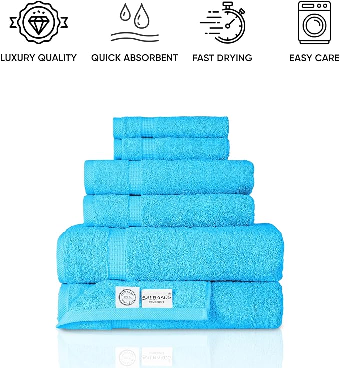 SALBAKOS 100% Turkish Cotton 6-Piece Towel Set | Heirloom Quality Hotel & Spa Collection | Soft, Super Absorbent 2 Washcloth, 2 Hand, 2 Bath Towel Sets | Made in Turkey (Aqua, 6 Piece Towel Set)