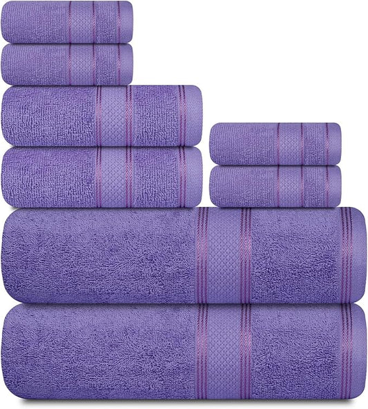 Casa Lino Bath Towel Set of 8 (2 Bath Towels, 4 Wash Cloths & 2 Hand Towels for Bathroom) - 100% Cotton - Highly Absorbent & Quick Dry - Guest Room Essentials for Bathroom Set - (Purple)