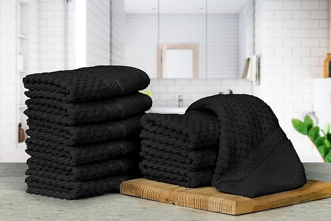 Ample Decor Wash Cloth Set of 10 100% Cotton - Popcorn Textured - Mulaayam Collection - Black 12 X 12 Inch