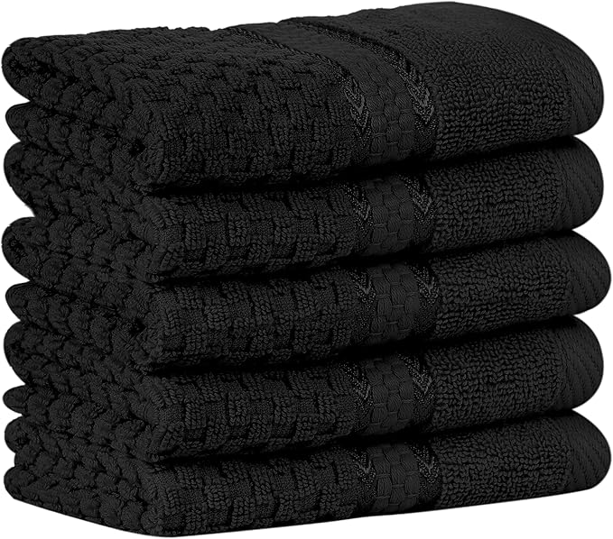 Ample Decor Wash Cloth Set of 5 100% Cotton - Popcorn Textured - Mulaayam Collection - Black 12 X 12 Inch