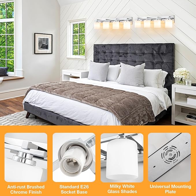 4 Light Modern Bathroom Light Fixtures Over Mirror, Chrome Vanity Lights for Bathroom Wall Sconces with Milky White Glass Shades, E26 Socket (Bulbs Not Included)