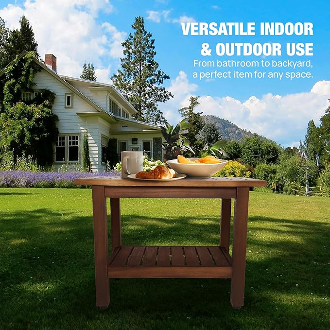 24 inch Acacia Wood Shower Bench with Storage Shelf - Waterproof Sturdy Shower Stool - Shower Seats for Adults and Elderly - Bathroom Bench 350 lb Capacity