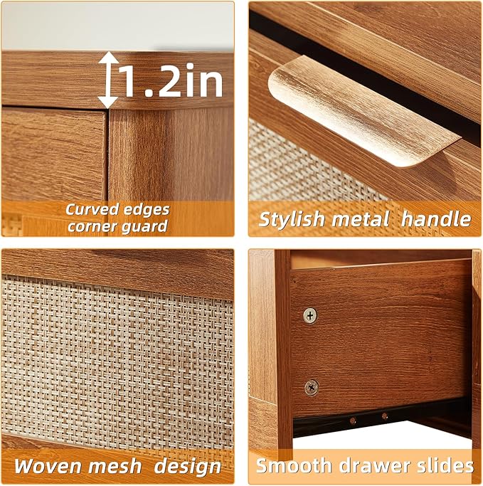 LEYAOYAO Narrow Side Table Set 2 with Charging Station, 24x14''Rattan Night Stand with Drawer Storage,Bedside End Table with Metel Handle for Small Spaces, Wood Boho Nightstand for Living Room Bedroom