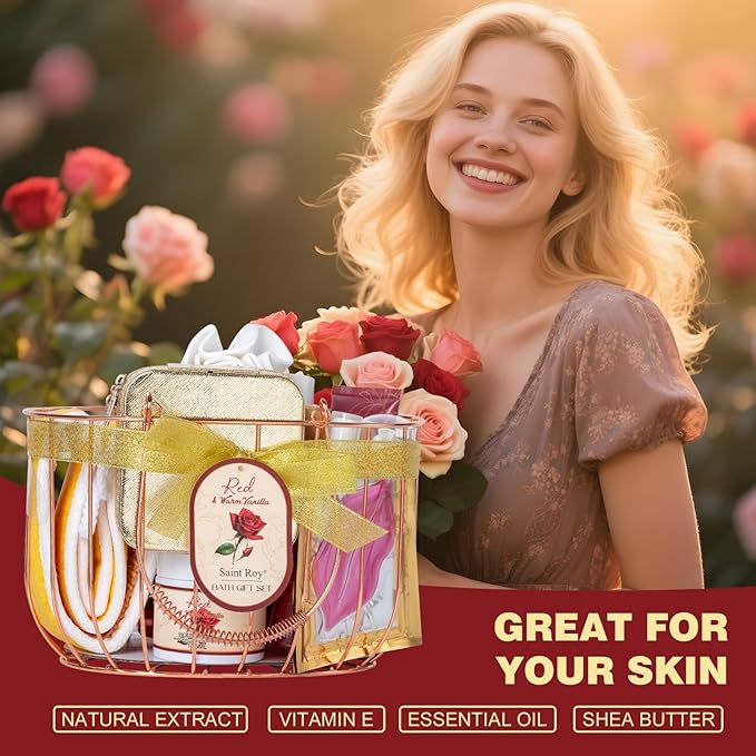 21Pcs Bath and Body Gift Basket Set for Women Christmas Gifts- Rose Vanilla XL Spa Gift Basket for Women Gifts｜ Bath Gift Set Home Spa Self Care Kit Necklace Finger Ring gift, Birthday Spa Gift