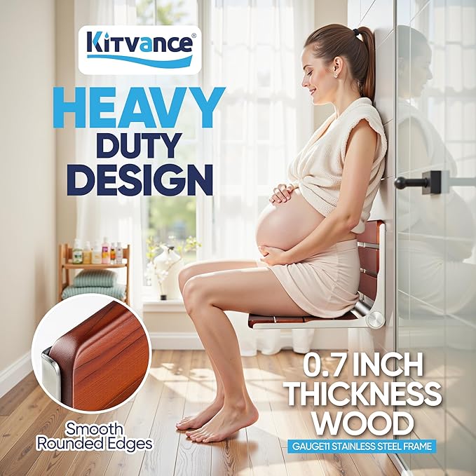 18.4" Folding Teak Shower Seat Wall Mounted – Fold Down Shower Chair, Solid Teak Wood Shower Bench with 304 Stainless Steel Frame, Wall Mount Shower Seat for Senior, Disabled, Bathroom, 400lb Capacity