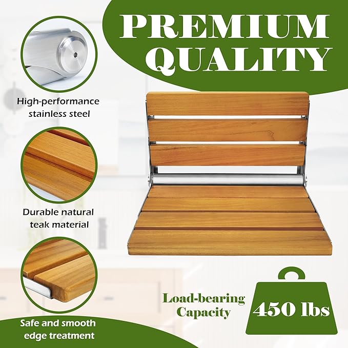 Folding Shower Seat Teak, Folding Shower Seat Wall Mounted, Foldable Shower Chair for Home Care, 450 lbs Capacity (Stainless Steel, 13'' D x 17'' W x 10'' H)