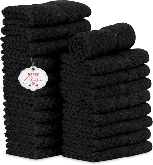 Ample Decor Washcloth Set of 20 Black 100% Cotton - Qucik Dry Popcorn Textured - Mulaayam Collection - 12 X 12 Inch