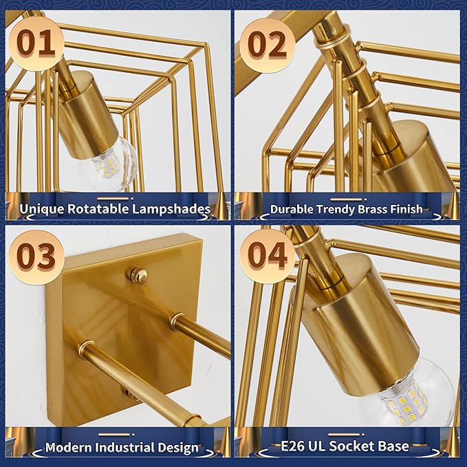 Bathroom Vanity Light with 2 Bulbs Bathroom Light Fixtures Over Mirror with Rotatable 2 Cube Shades Modern Wall Mounted Brushed Brass