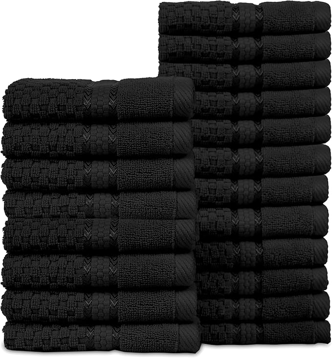 Ample Decor Washcloth Set of 20 Black 100% Cotton - Qucik Dry Popcorn Textured - Mulaayam Collection - 12 X 12 Inch