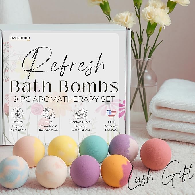EvolutionUSA Refresh Bath Bombs for Women, 9 Lush Bath Bombs Mini Sized, Luxurious Womens Gift for Mother's Day, Easter, Birthday or Self Care, Relaxing Bathbombs Kids & Womens, Bath Fun