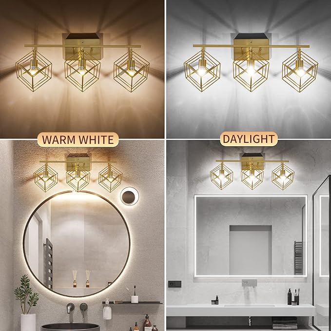 Bathroom Vanity Light with 3 Bulbs Bathroom Light Fixtures Over Mirror with 3 Rotatable Cube Shades Modern Wall Mounted Brushed Brass Gold
