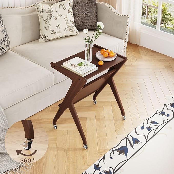 ZIYOO Solid Wood Mobile Side Table with Lockable Wheels, Multi-Functional Rolling End Table & Nightstand for Bedroom/Living Room, Small Spaces, Walnut