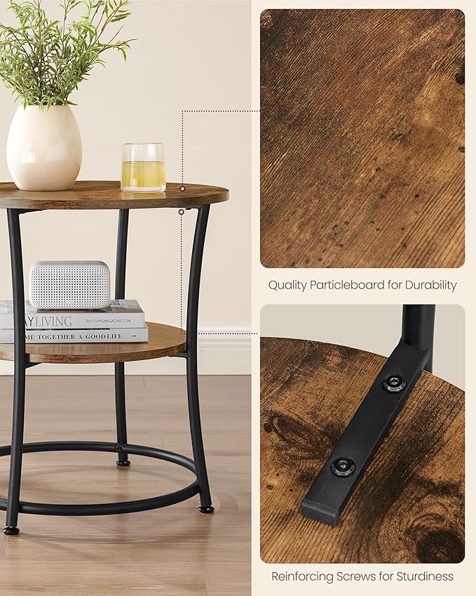 VASAGLE Side Table, 2-Tier Round End Table with Power Outlets, Nightstand with Steel Frame for Small Spaces, Living Room, Bedroom, Rustic Brown and Ink Black ULET077K01