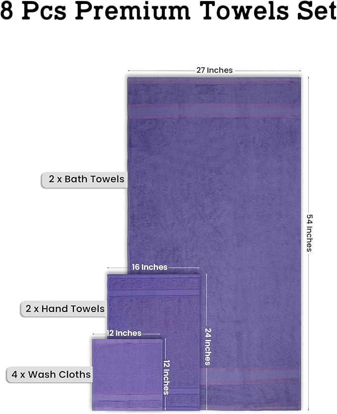 Casa Lino Bath Towel Set of 8 (2 Bath Towels, 4 Wash Cloths & 2 Hand Towels for Bathroom) - 100% Cotton - Highly Absorbent & Quick Dry - Guest Room Essentials for Bathroom Set - (Purple)