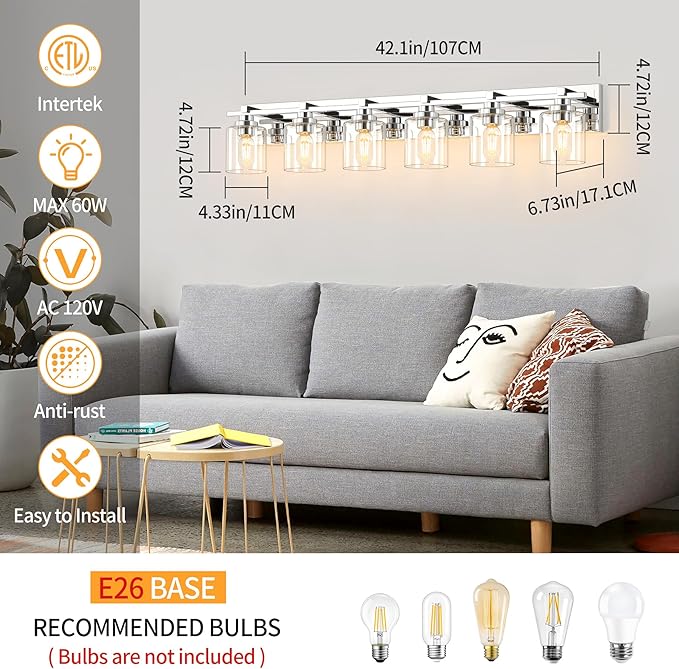 6 Light Modern Bathroom Light Fixtures Over Mirror, Chrome Vanity Lights for Bathroom Wall Sconces with Clear Glass Shades, E26 Socket (Bulbs Not Included)