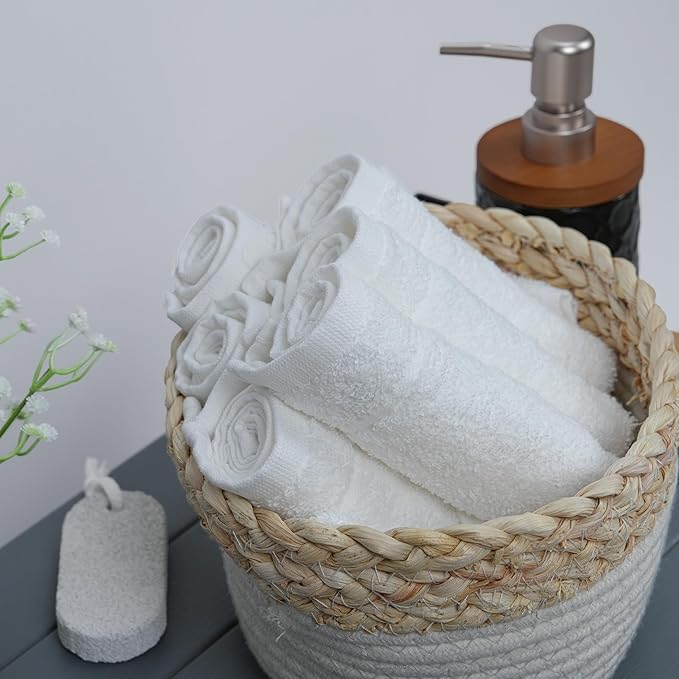 Tens Towels Pack of 60 Washcloths, 12 x 12 Inches, Lighter Weight, Quick to Dry, Super Soft & Absorbent, Gentle Face Towels, Hotel Quality, Perfect for Bathroom, Gym, Spa (White, 60 Pack)