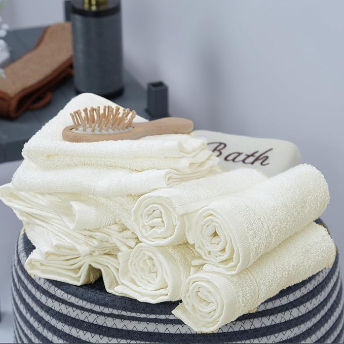 Tens Towels Pack of 60 Washcloths, 12 x 12 Inches, Lighter Weight, Quick to Dry, Super Soft & Absorbent, Gentle Face Towels, Hotel Quality, Perfect for Bathroom, Gym, Spa (Ivory, 60 Pack)