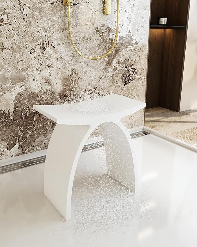 CASAINC Solid Surface Shower Stool for Inside Shower, Stone Resin Arched Bathroom Stool Modern Matte White Shower Bench, Approximately 440 LBS Load Capacity, No Assembly
