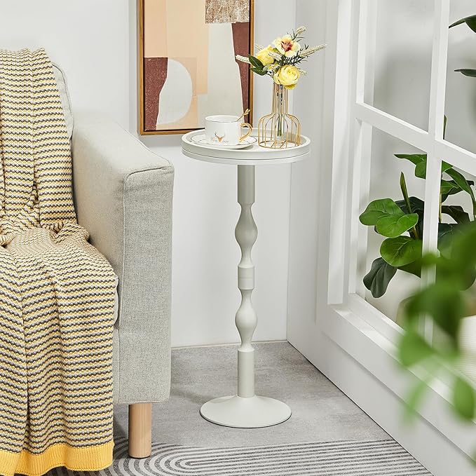 Small Round Drink Table,Pedestal Tables,Small Round Side Table for Narrow Spaces,End Table for Living Room, Bedroom, Bathroom,Balcony (White)