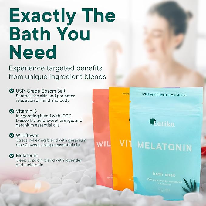 Latika Soaks Set of 3 - Wildflower, Melatonin, Vitamin C - Moisturizing Bath Soak with Epsom Salt & Essential Oils for Stress Relief, Muscle Recovery, & Relaxation - at-Home Spa
