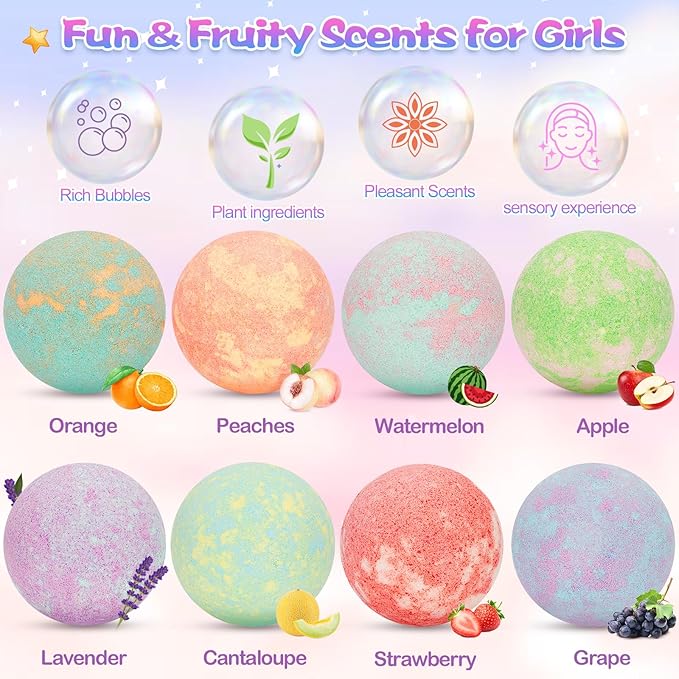 8 Pack Bubble Bath Bombs for Kids with Bracelets Toys Inside, Organic Natural Kids Bath Bombs, Christmas Birthday Gift for 3 4 5 6 7 8 Year Old Girl, Princess Bath Bomb Kit with Mermaid Unicorn Toys