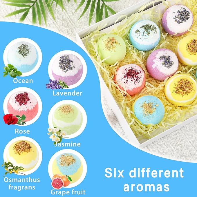 Bath Bombs for Women, USIN Natural Bubble Bath Balls Gift Set, Pack of 12 Pcs Multiple Bath Bomb, SPA Relaxing, Self Care, Gifts for Women, Men, Girls, Boys, Natural Flower Petals, 3.53 Oz Large Size