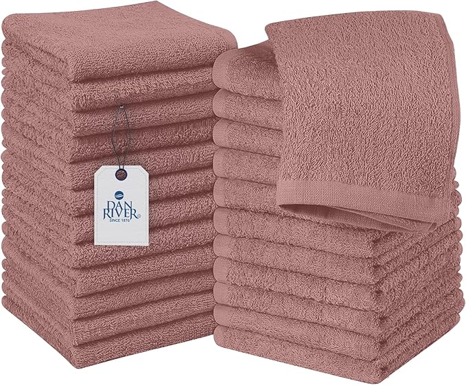 DAN RIVER 24 Pack Wash Cloths for Showering [12x12] - 100% Cotton Washcloths Premium Quality Flannel Face Cloths for Bathroom, Highly Absorbent and Soft Feel Wash Clothes, Dusty Pink