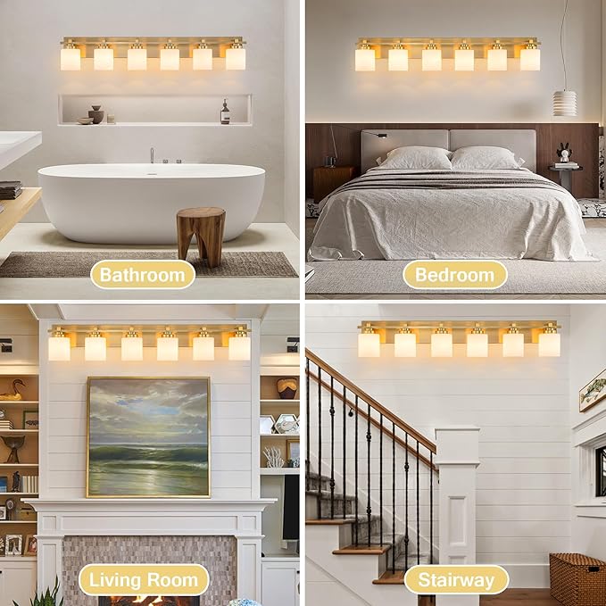 6 Light Modern Bathroom Light Fixtures Over Mirror, Brass Finish Vanity Lights for Bathroom Wall Sconces with Milky White Glass Shades, E26 Socket (Bulbs Not Included)