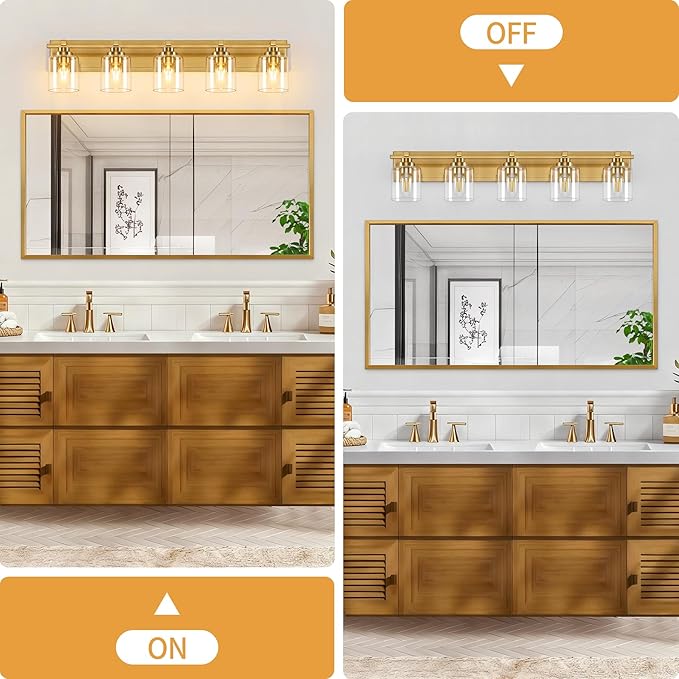 5 Light Modern Bathroom Light Fixtures Over Mirror, Brass Finish Vanity Lights for Bathroom Wall Sconces with Clear Glass Shades, E26 Socket (Bulbs Not Included)