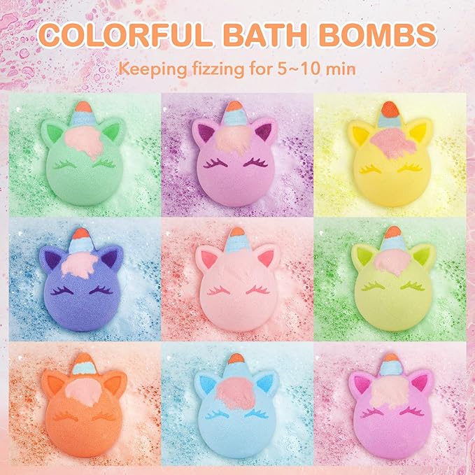 SHUCHING 9 XXL Unicorn Bath Bombs with Surprise Inside, Natural and Organic Bubble Bath Fizzy Balls for Kids, Birthday Christmas Gifts Set for Girls