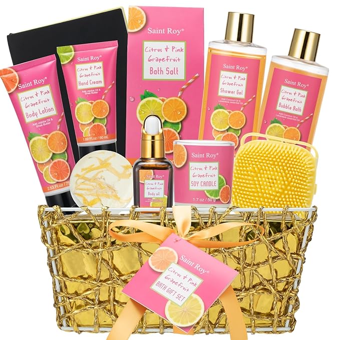 Bath Spa Body Gift Set, Luxury Christmas Gifts for Women Citrus Pink Grapefruit Spa Kit Gift Woman, 11 Pcs Self Care Kit Gifts With Bubble Bath, Massage Oil, Bath Brush, Birthday Gifts for Women