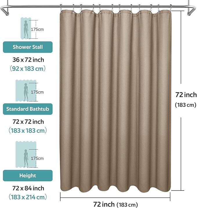 3 in 1 Shower Curtain Set, Waffle Shower Curtain and Liner Set with 12 Double Sided Shower Curtain Hooks, 258GSM Luxury Weighted Cloth Shower Curtains for Bathroom, 72 W x 72 H, Beige