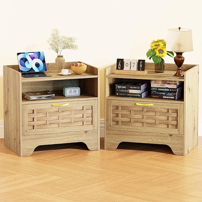 24" Rattan Nightstand Set of 2, Oak Bedside Table with Semi Open Cubby, Boho Night Stand with Farmhouse Arched Base for Bedroom, Side Table, End Table for Dorm