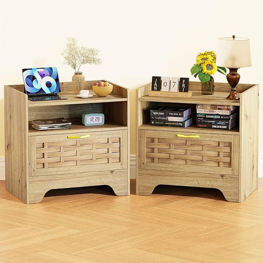 24" Rattan Nightstand Set of 2, Oak Bedside Table with Semi Open Cubby, Boho Night Stand with Farmhouse Arched Base for Bedroom, Side Table, End Table for Dorm
