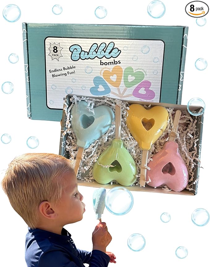 Bubble Bath Bombs for Kids – 8-Pack Heart-Shaped Lollipop Fizzies – Fruity Scents – Bubble Play for Boys & Girls – Sensitive Skin Safe – Fun Birthday Gift Set