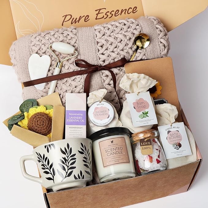 Get Well Soon Gifts Baskets for Women - Self Care Spa Care Package w/Blanket, Thinking of You Inspirational Gift, Relaxation Christmas Holiday Birthday Gifts for Mom Wife Her Coworker Firends