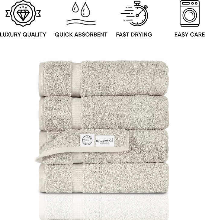 SALBAKOS 100% Turkish Cotton Bath Towel Set of 4 27x54 inch | Heirloom Quality | Hotel & Spa Collection | Ultra Soft, Super Absorbent, Long Lasting Bath Towels | Made in Turkey (Stone, 4 Bath Towels)