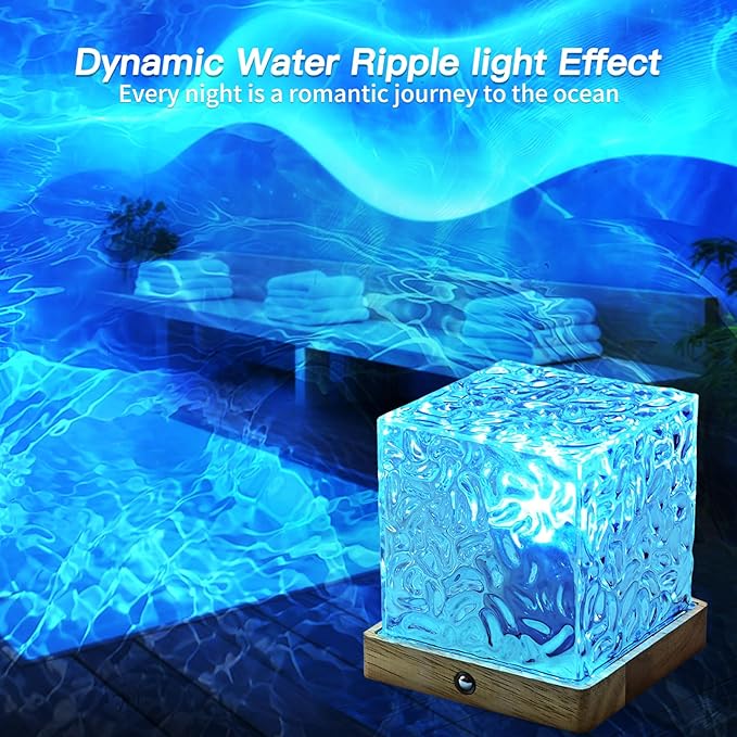 LETOUR Bathroom Mood Light,Rechargeable Shower Light 16 Color Changeable Ocean Wave Projector Lamp, Dimmable Waterproof Shower Lamp with Remote, Rotating Cube Water Ripple Lamp for Bath